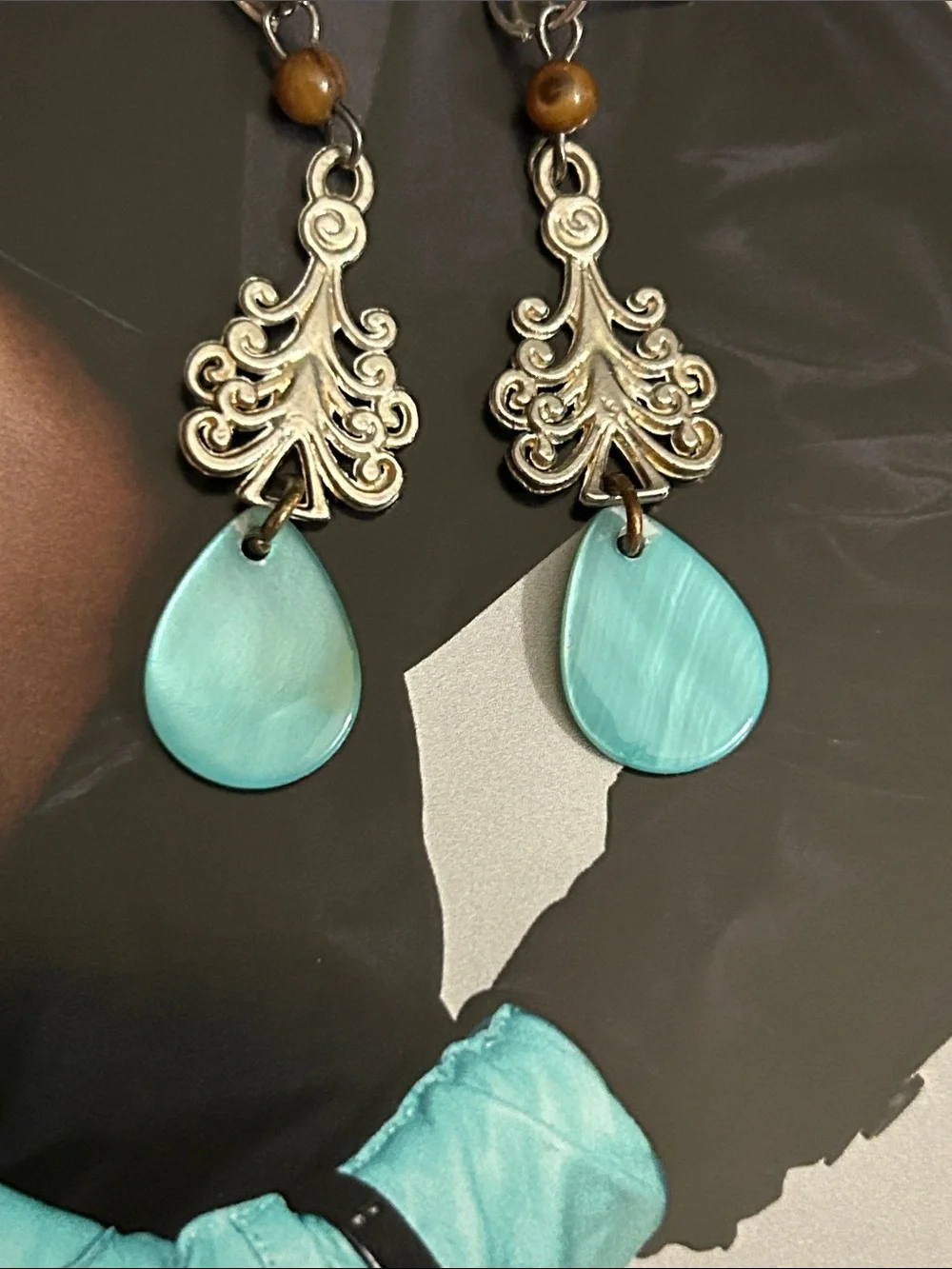 Vintage  Turquoise Teardrop Filigree Dangle Earrings with Brown tiger eyes